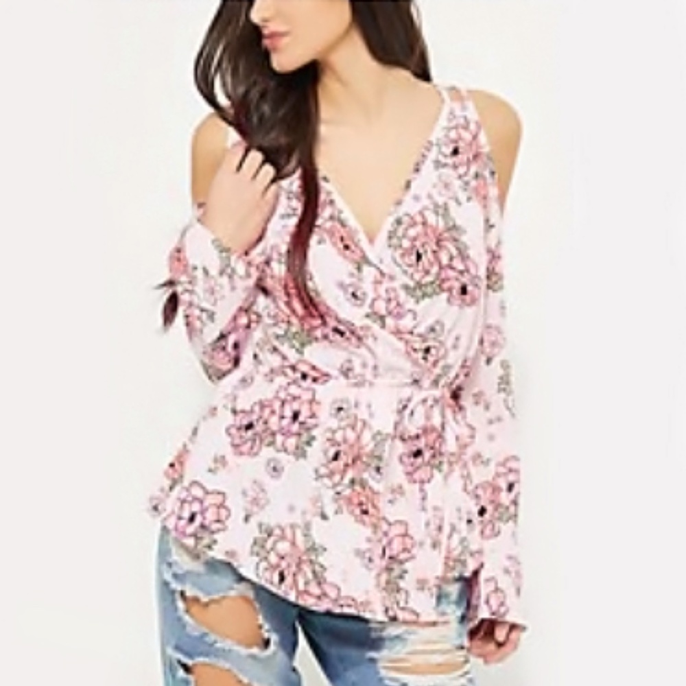 New! Derek Heart‎ Floral Cold Shoulder Blouse Long Sleeve Waist Tie V-Neck Small